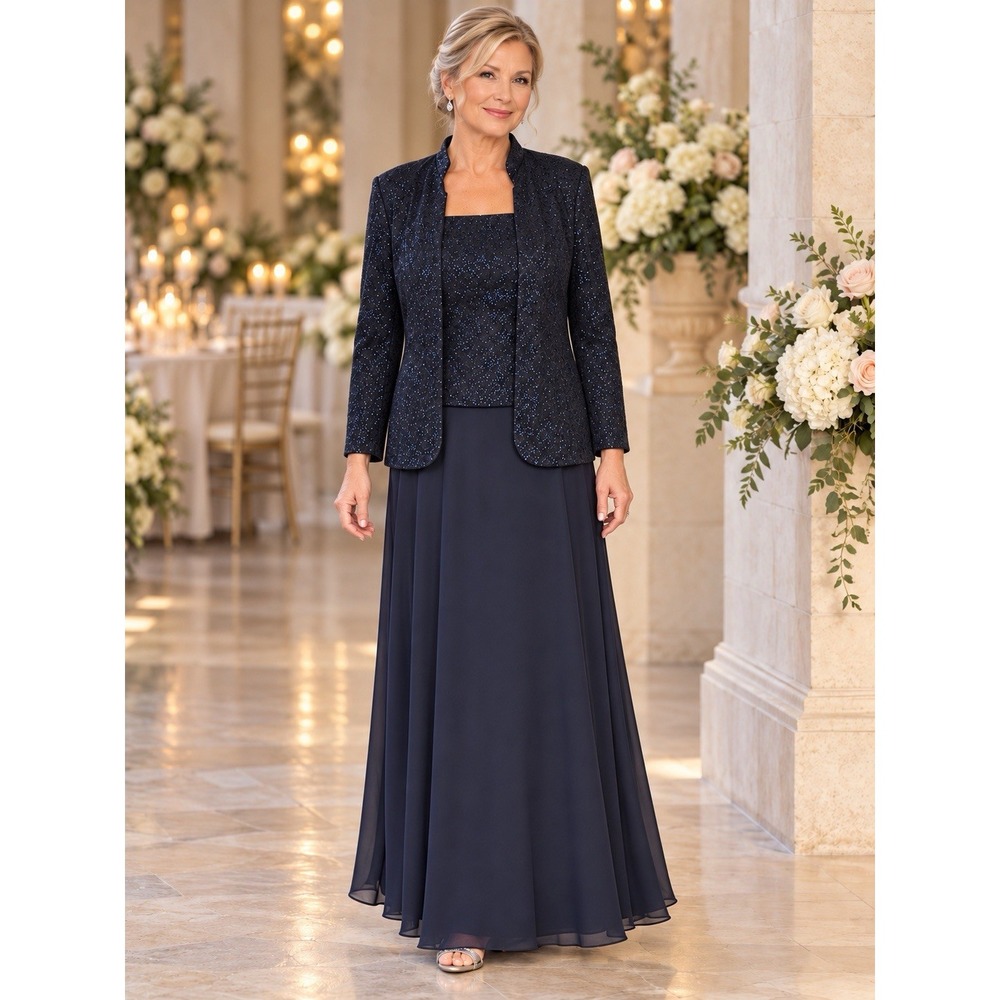 Alex Evenings 14P Navy Glitter Gown Jacket Set Mother Bride Groom Formal Dress